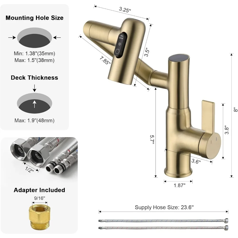 Rotatable Bathroom Faucet with Temperature Display, 3 Water Modes, Brushed Gold, Battery-Free, BF2204-6 Long Tail Keyword