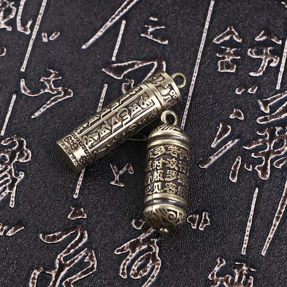 Vintage Brass Mini Cylindrical Pill Box Creative Carving Buddhist Scriptures Openable Pill Case for Women Men