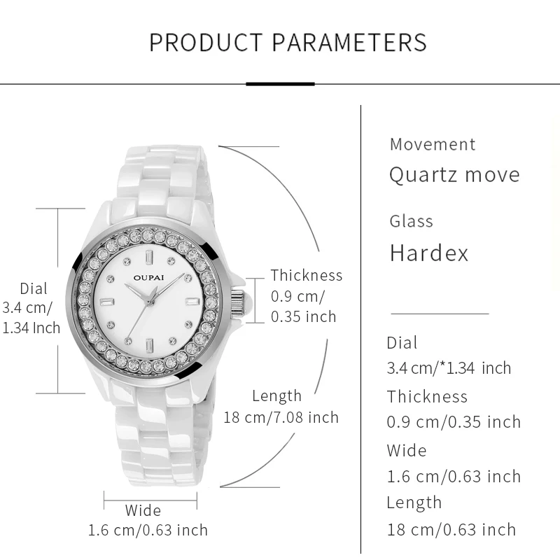 ساعة يد نسائية دائرية من Oupai ساعة سيراميك بيضاء بمقياس حجر الراين كوارتز تتحرك ساعة نسائية أنيقة وعصرية