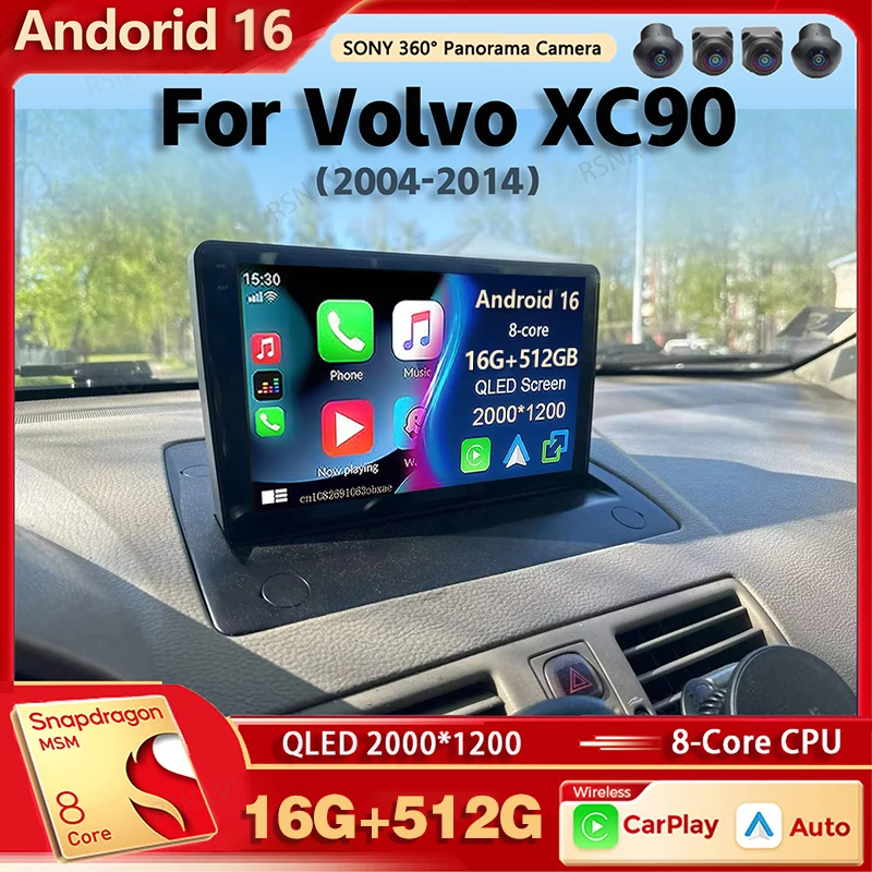 Rádio Multimídia Automotivo Android 16 para Volvo XC90 XC 90 2004-2014 com Carplay, Som Automotivo, DSP, Wi-Fi+4G, Voz AI, Bluetooth, 2 Din, GPS