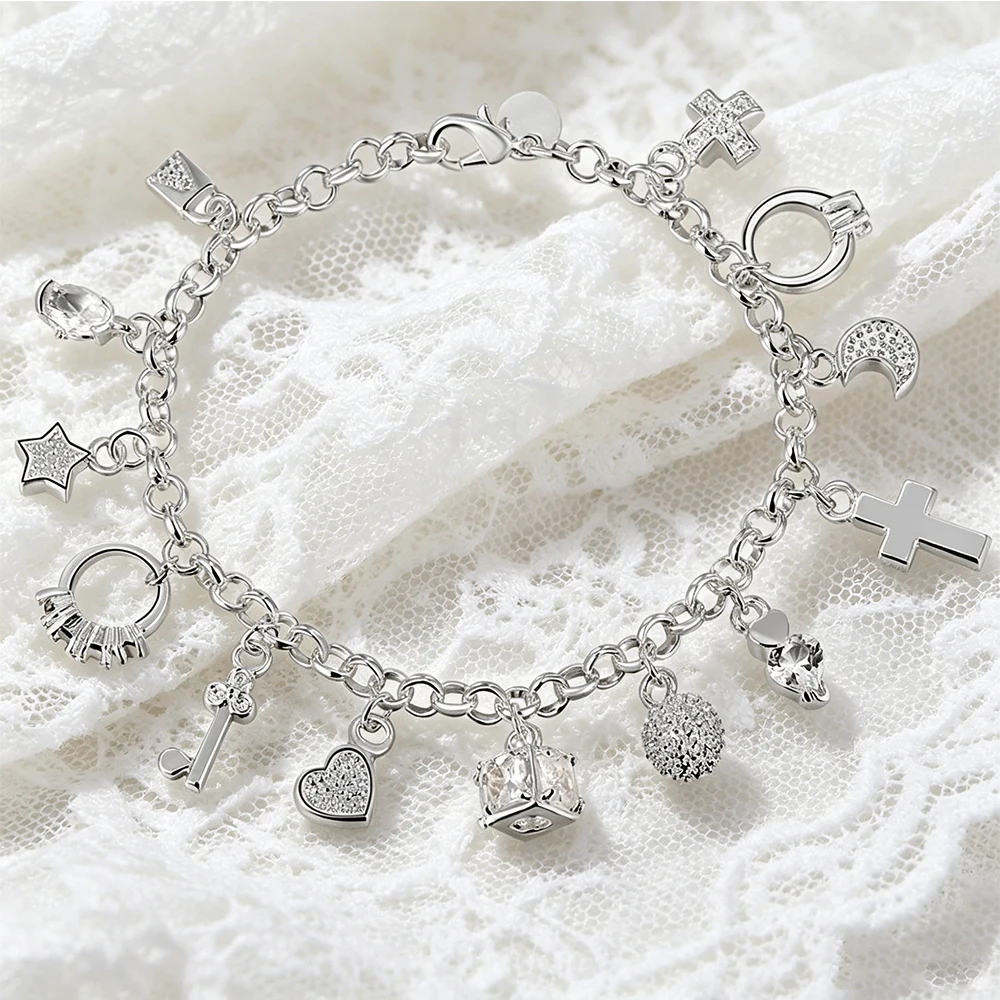 1pc Multi-Charm Silver Charm Bracelet, Star Moon Cross Heart CZ Dangle Bracelet, Y2K Aesthetic Stackable Jewelry for Women