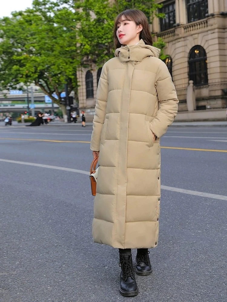 Long over the knee hooded down cotton jacket for women in winter warmth solid color slim fit cotton jacket trendy woman parker