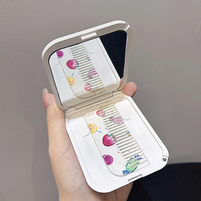 Arco dos desenhos animados amor coração espelho portátil pente conjunto dobrável criatividade estudante dos desenhos animados espelho e pente de cabelo presentes das meninas