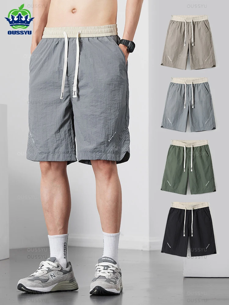 New Summer Thin Shorts Pants Men Work Baggy Joggers Drawstring Elastic Waist Bermuda Knee Beach Short Pant Male Plus Size M-5XL