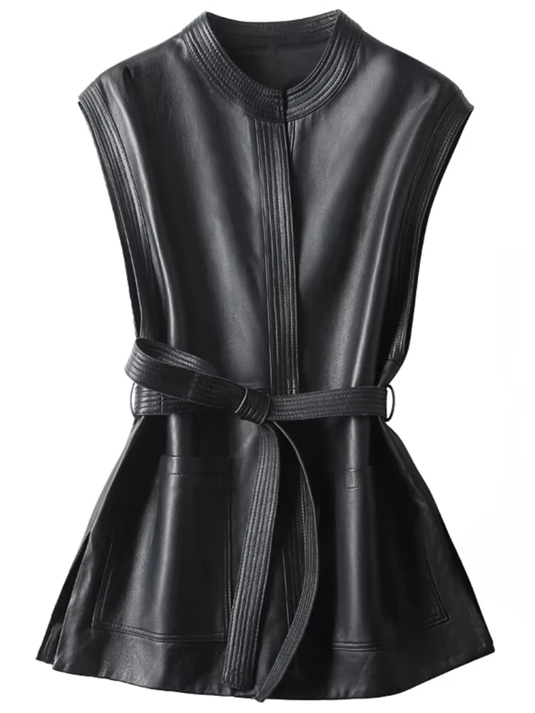 Spring Autumn Black Soft Pu Leather Vest Luxury Brand with Belt Luxury Elegant Office Sleeveless Jackets for Women