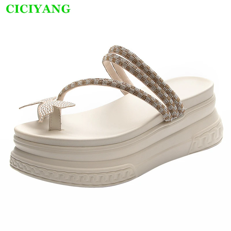 

CICIYANG Women's Slippers Summer 2024 New Chunky Platform Slip Toe Bow Rhinestone Sandals Fashion Thin Strap Wedges Flip Flops