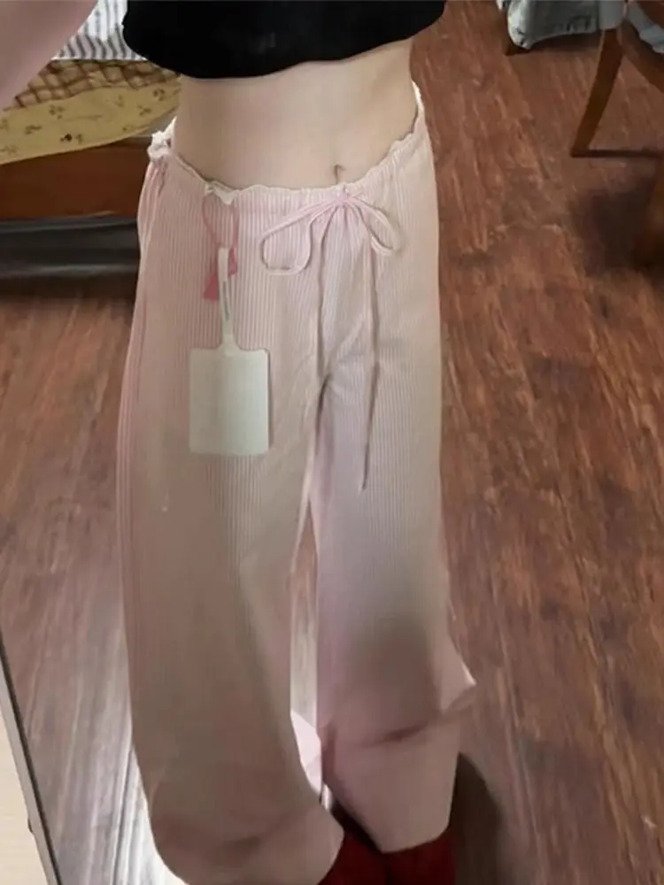 

Japan Loose Lazy Style Straight Wide Leg Trousers Summer Thin Casual Drawstring Pink Striped Trousers