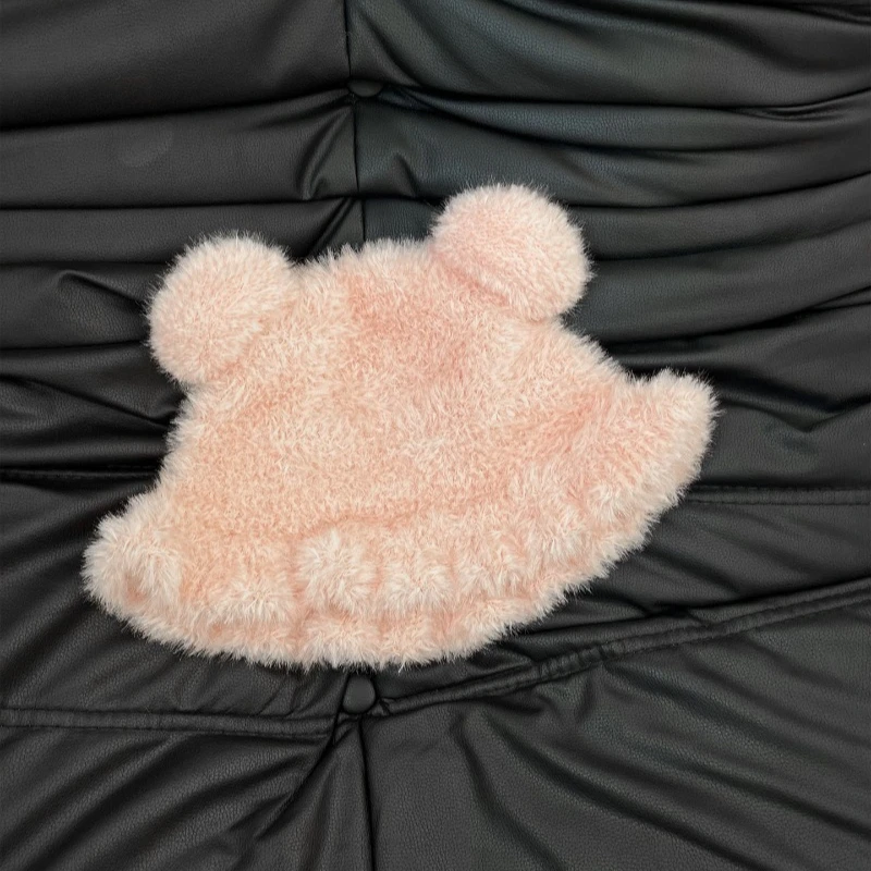Niedlicher Plüsch-Eimerhut mit kleinen Bärenohren und Spitze für Damen, Herbst- und Wintermodell, dick, warm, mit Ohrenschutz, breiter Krempe, Eimerkappen – Detail 5