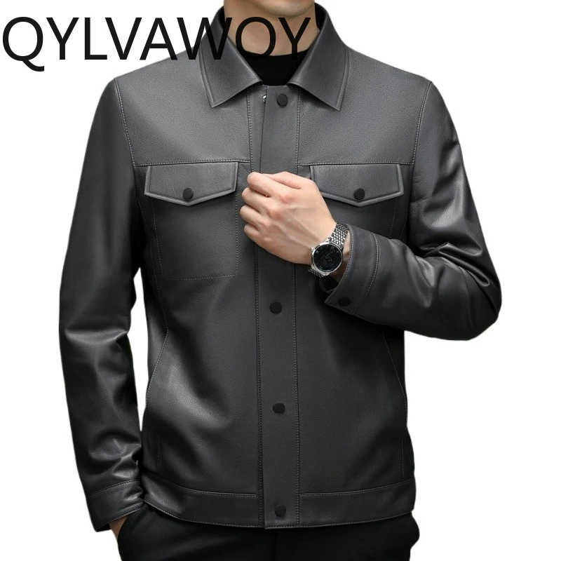 QYLVAWOY Chaqueta de Cuero Genuino para Hombre, Chaqueta Corta de Motociclista de Piel de Oveja, Chaquetas Holgadas con Solapa para Hombre, Chaqueta de Cuero Hombre
