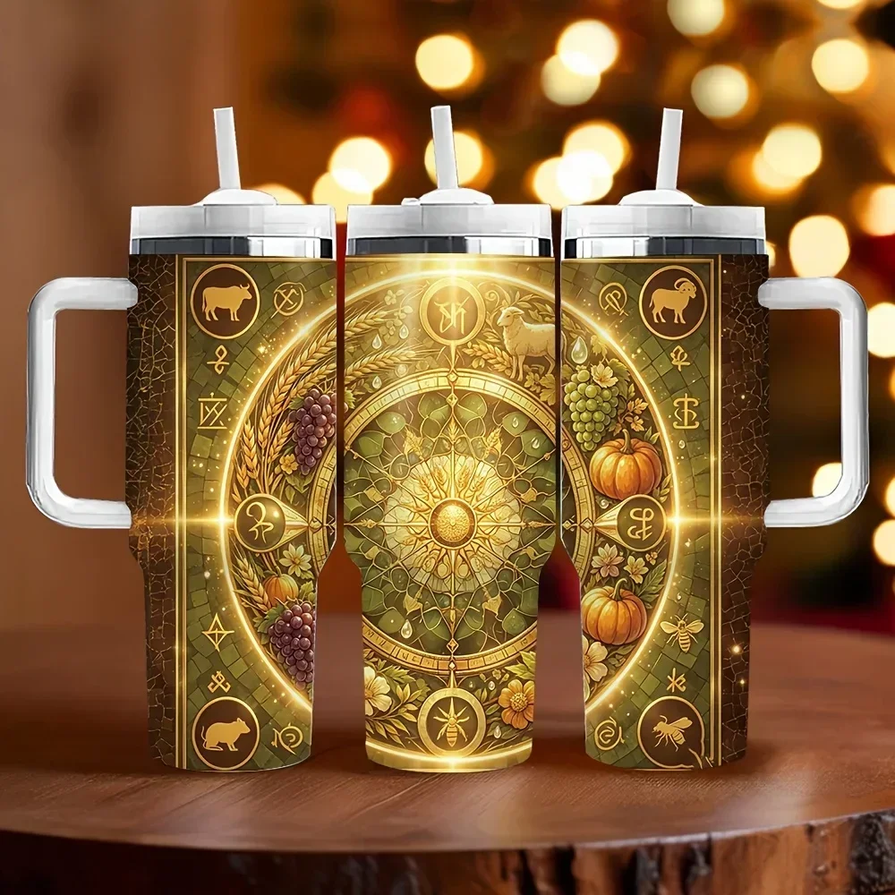 40oz Insulated Tumbler with Handle, Features Golden Harvest Zodiac Wheel Pattern, Ideal as Holiday or Birthday Gift, Keeps Drinks at Ideal Temperature, Suitable for Daily Use, Outdoor Travel and Outdoor Activities