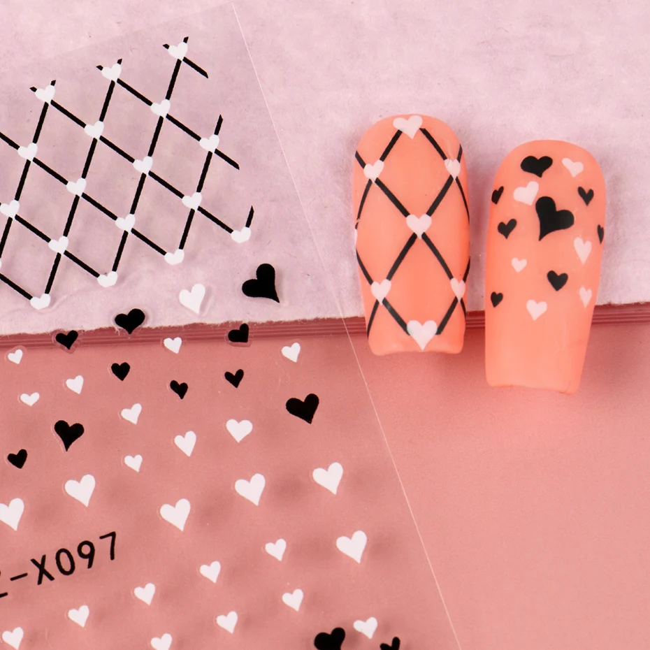 ملصقات أظافر على شكل قلب أسود وأبيض لتزيين فن الأظافر، تصميم لامع على شكل قلب ونجمة لجماليات الأظافر