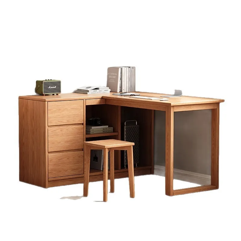 

Solid wood oak corner computer table desk bookshelf integrated with drawer one meter study table bookcase desk