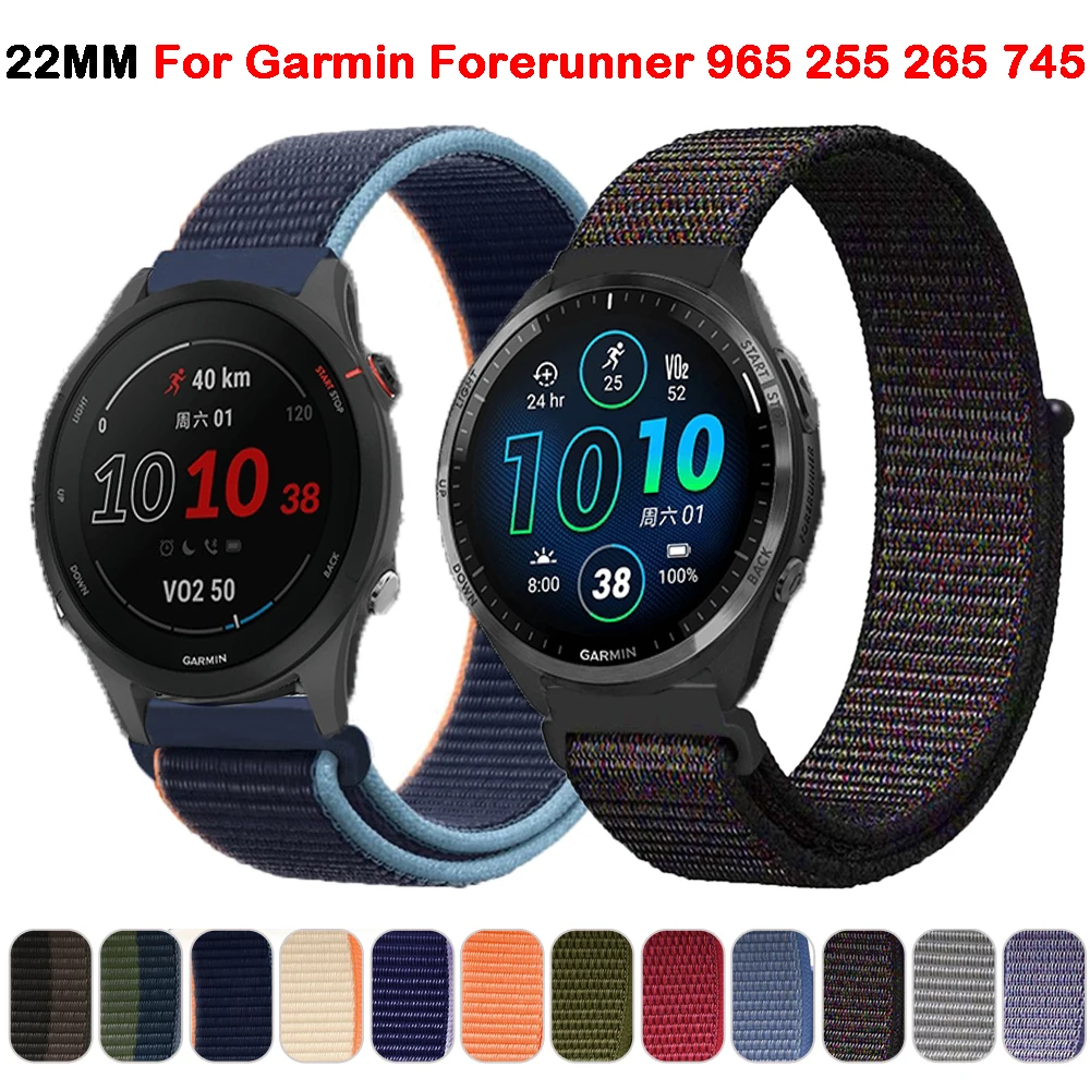 22mm Smartwatch Band For Garmin Forerunner 965 Strap Hook Loop Nylon Strap Belt For Forerunner 255 265 745 Vivoactive 4 Bracelet