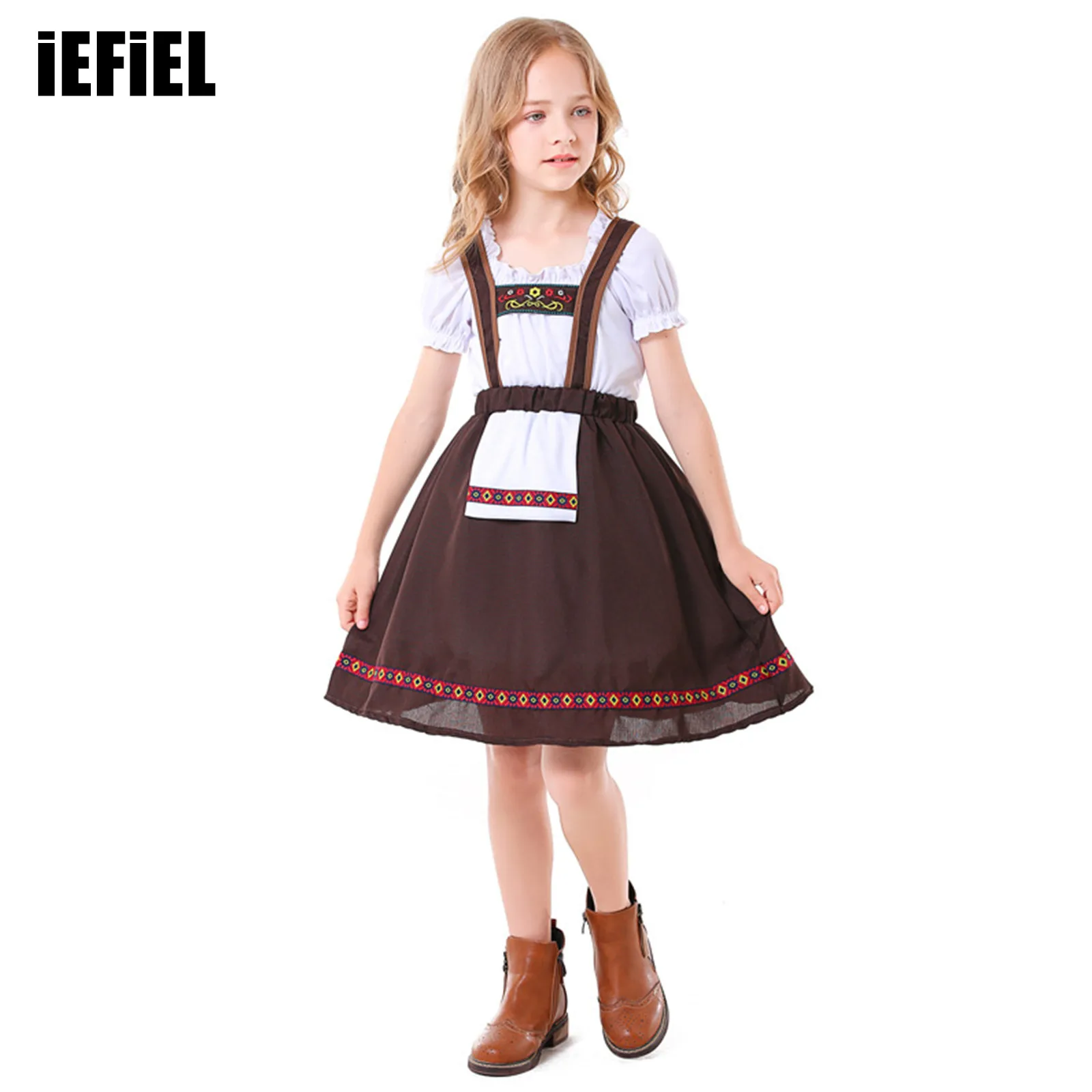 

Girls Beer Festival Cosplay Costumes Square Neck Short Sleeve T-shirt Top And Suspenders Dress Set for Halloween Carnival Party