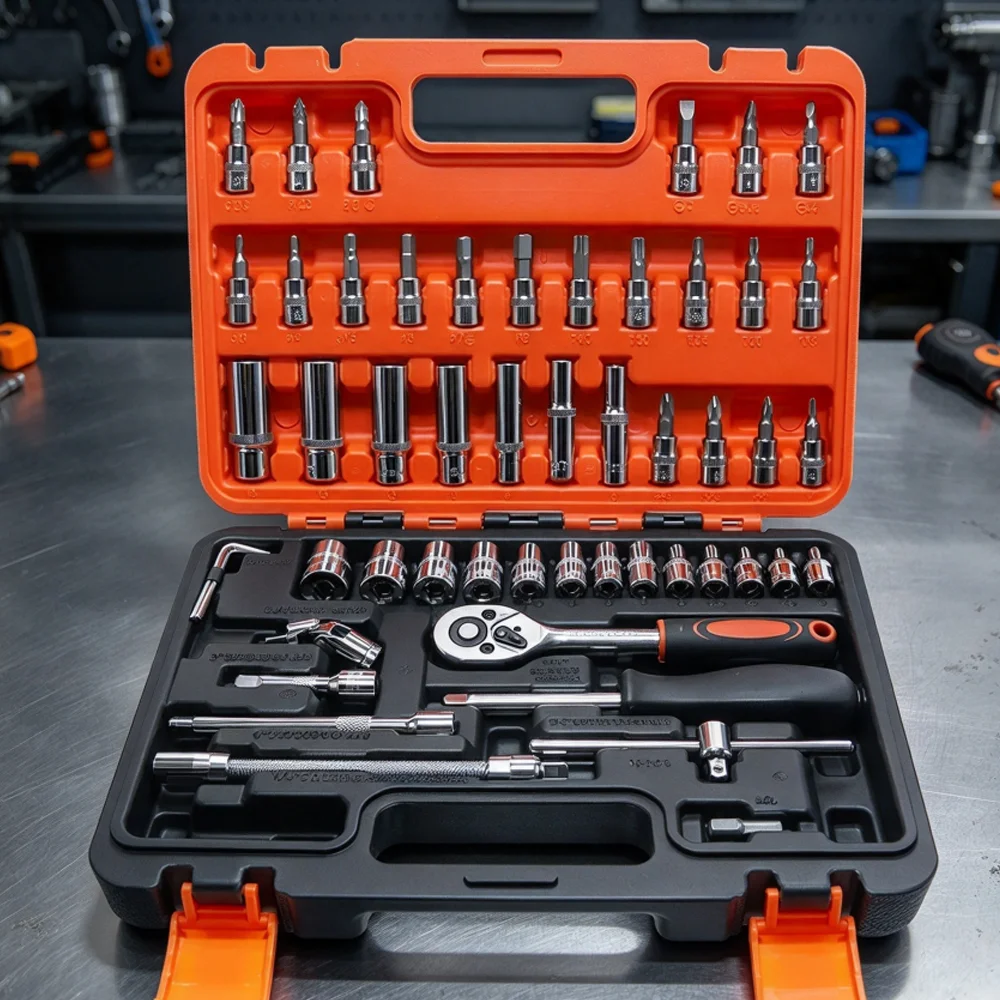 53pcs Car Repair Tool Set Ratchet Socket Wrench 1/4 Inch with Quick Release Reversible Ratchet Handle and Extension Bar