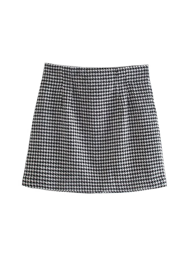 Elegant Office Ladies Vintage High Waist A-line Mini Houndstooth Skirt