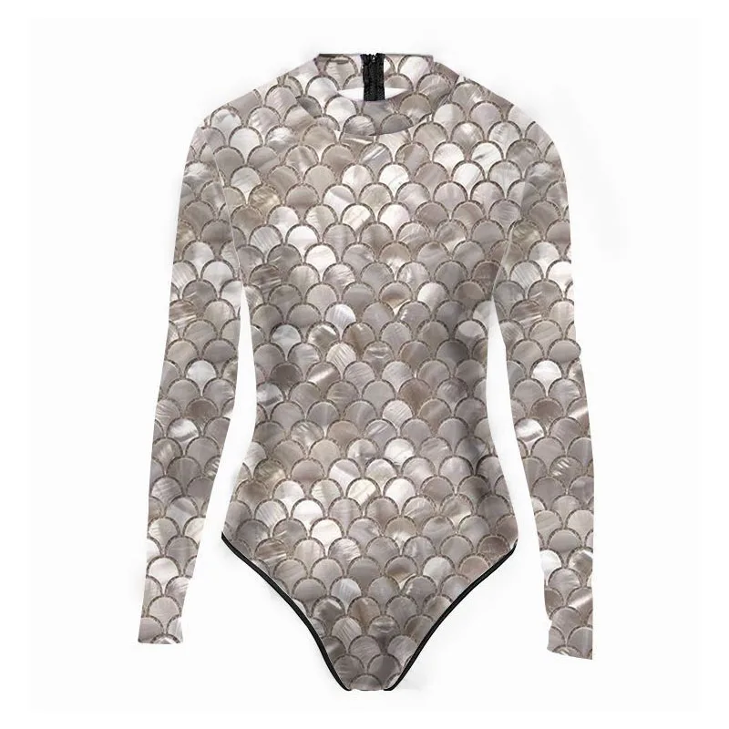 

Blue And Purple Swimsuit Women's Long Sleeve One-piece Zipper Swimsuit Printed Fish Scale Mermaid Swimsuit Women's Swimsuit