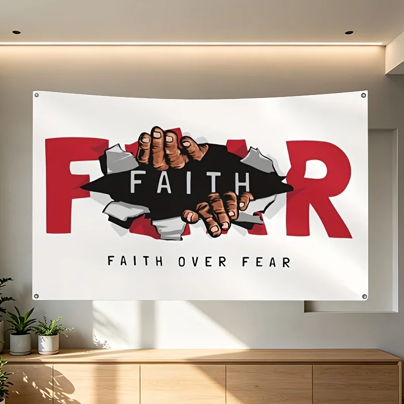 Inspirational Faith Over Fear Banner Wall Hanging Flag Canvas Art Decor Poster for Man Cave Gym Home 60x90cm