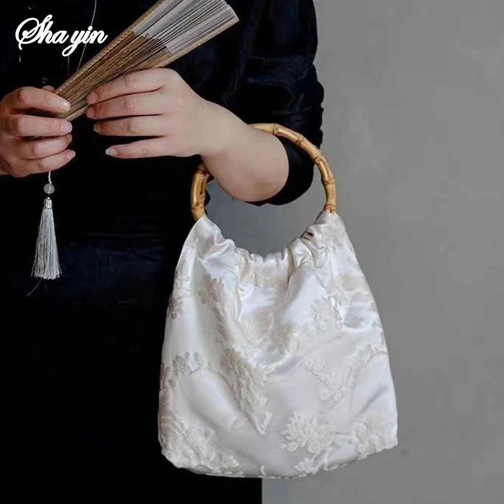 

Retro New Chinese Style Handbag Flower Pattern Bamboo Knot Handle Bag Cheongsam New Chinese Clothing Accessories