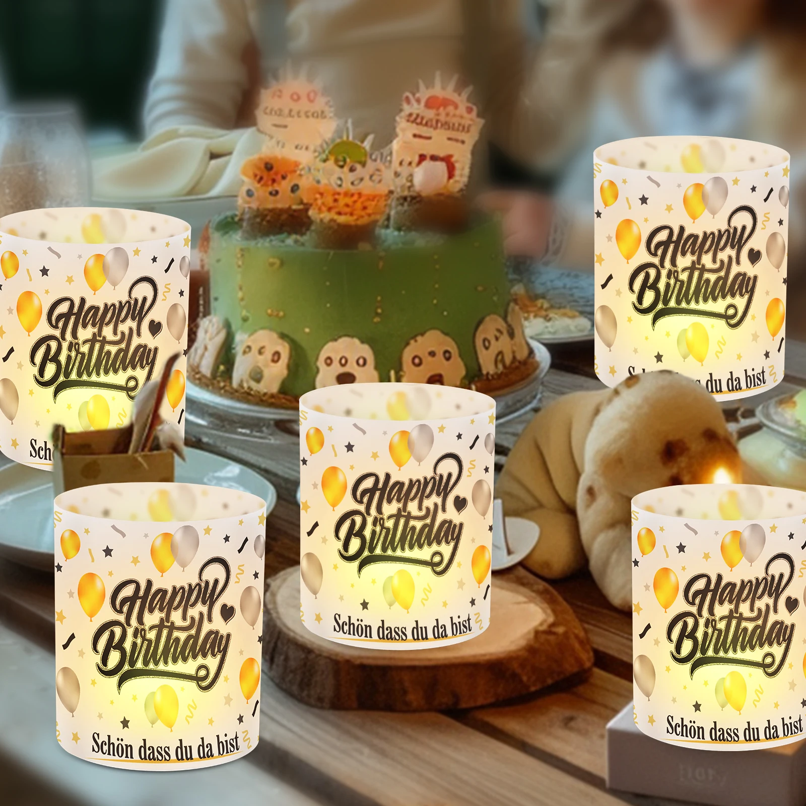 8 pcs. Black Gold Birthday Table Lamp Shades - Battery-Free Decorative Plastic Covers with Balloons