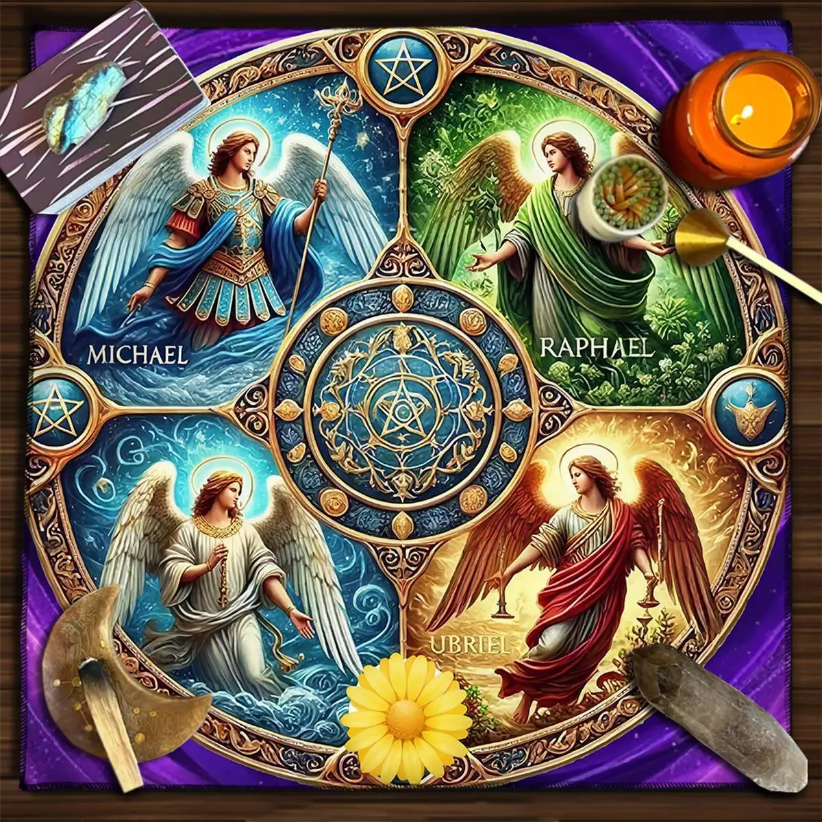 Four Primary Angels Card Tablecloth Polyester Pentagram Altar Cloth Tarot Table Cloth For Divination Witchcraft Astrology Decor