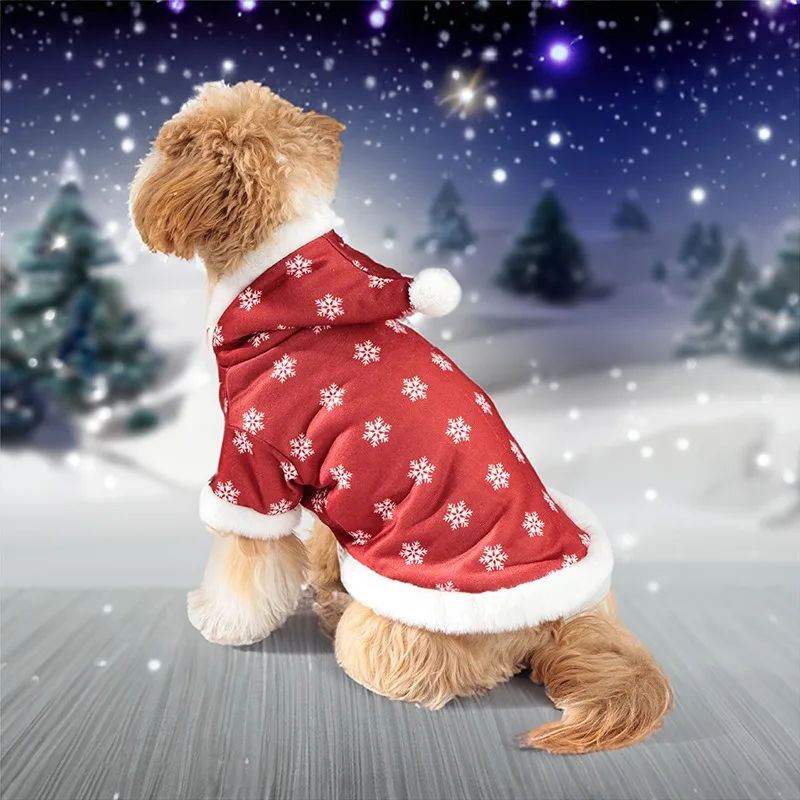Pet Dog Clothes Thick Classic Snowflakes Puppy Teddy Thick Cotton Coat with Added Velvet Jumpsuit Hooded Christmas Winter Plush