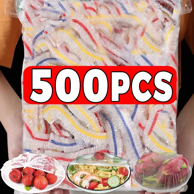 50/500pcs Plastic Disposable Food Covers Colorful Elastic Wrap Food Covers Kitchen Food Packaging Bag Fresh-keeping Storage Bags