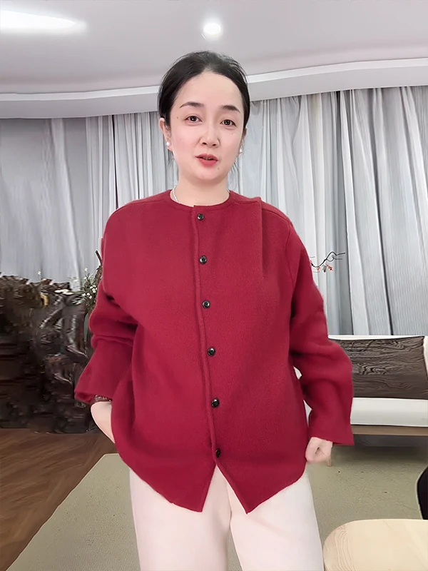 

Женский вязаный кардиган Maang с эффектом омоложения, весенняя новинка, красный шерстяной свитер свободного кроя на пуговицах, с длинными рукавами и круглым вырезом