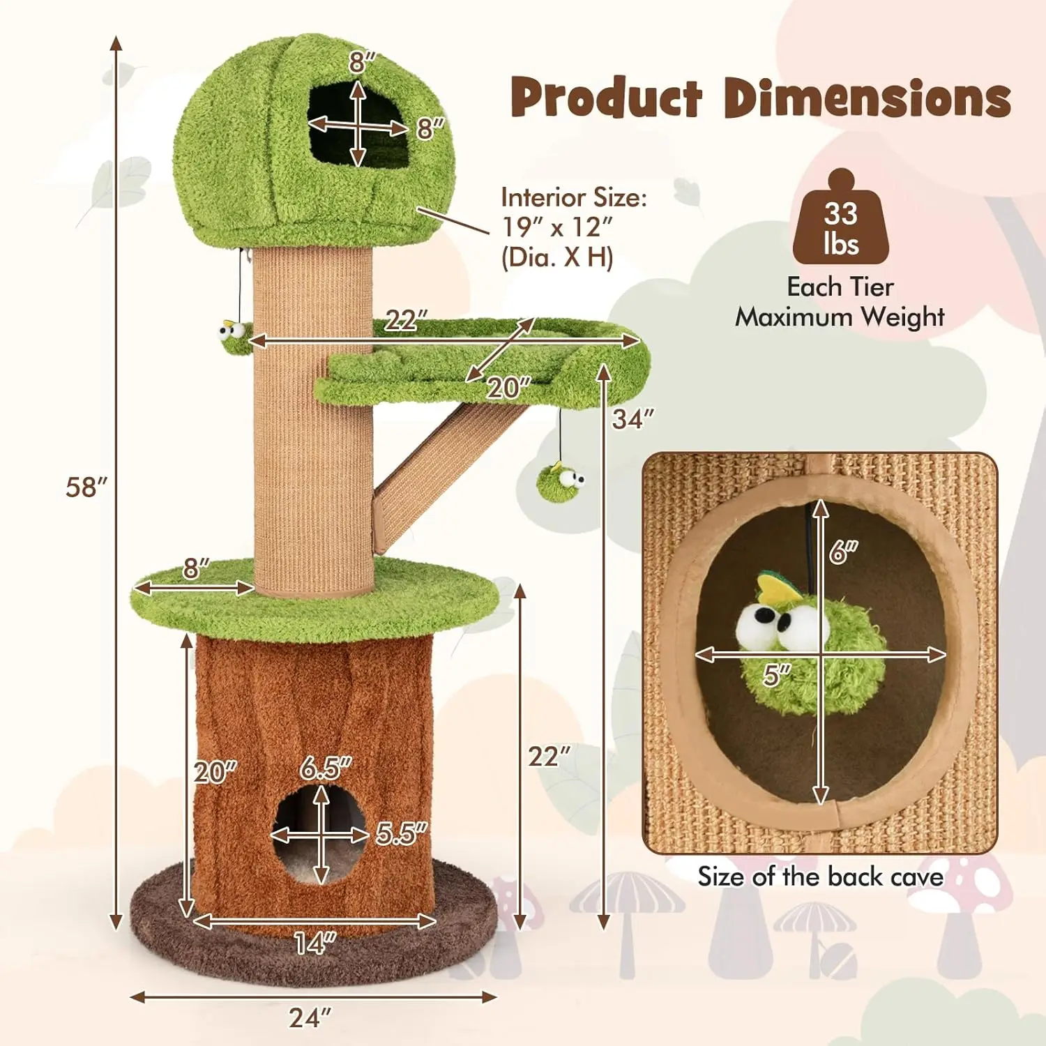 58 Inch Forest-Themed Cat Tree, Multi-Level Cat Tower with 2 Cute Condos, Plush Perch, Teasing Balls, Sisal Posts,, Customized - view 2