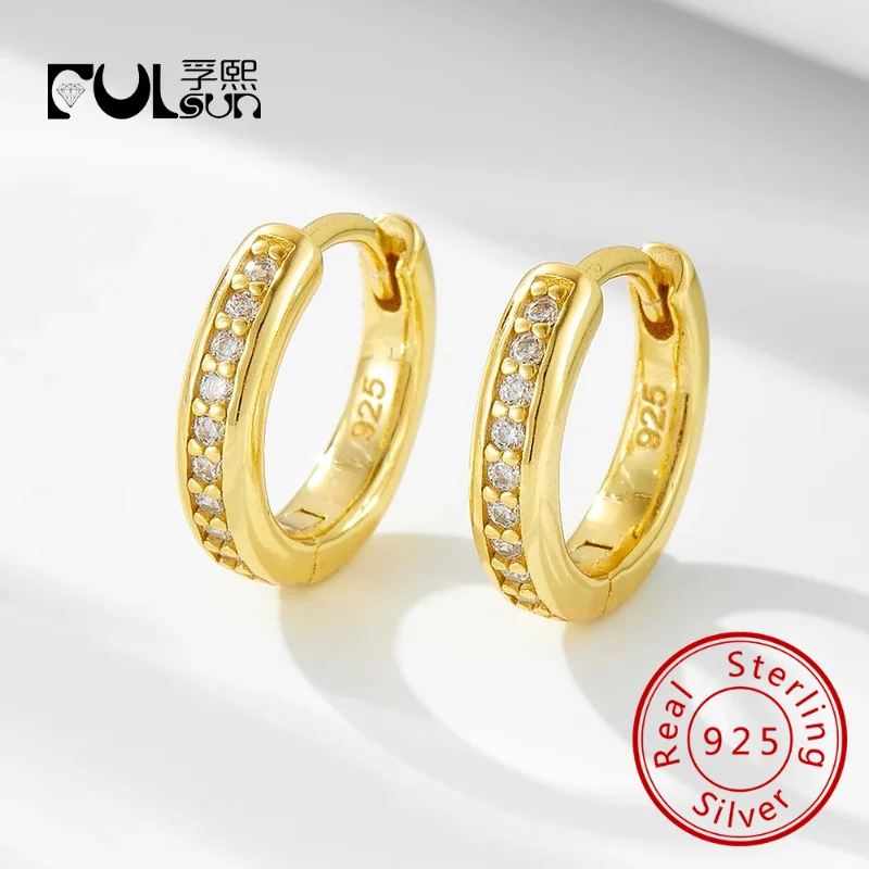 Handmade 14K Gold Plated Handmade Micron Pave White Cubic Zircon Huggies 925 Sterling Silver Earrings for women