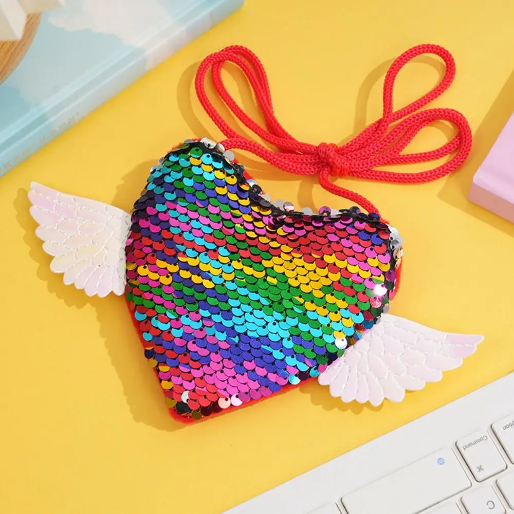 Sequin Sequin Heart Purse Wing Detail Drawstring Kids Shoulder Bag Heart Shape Adjustable Strap Angel Wing Pouch Party Gifts