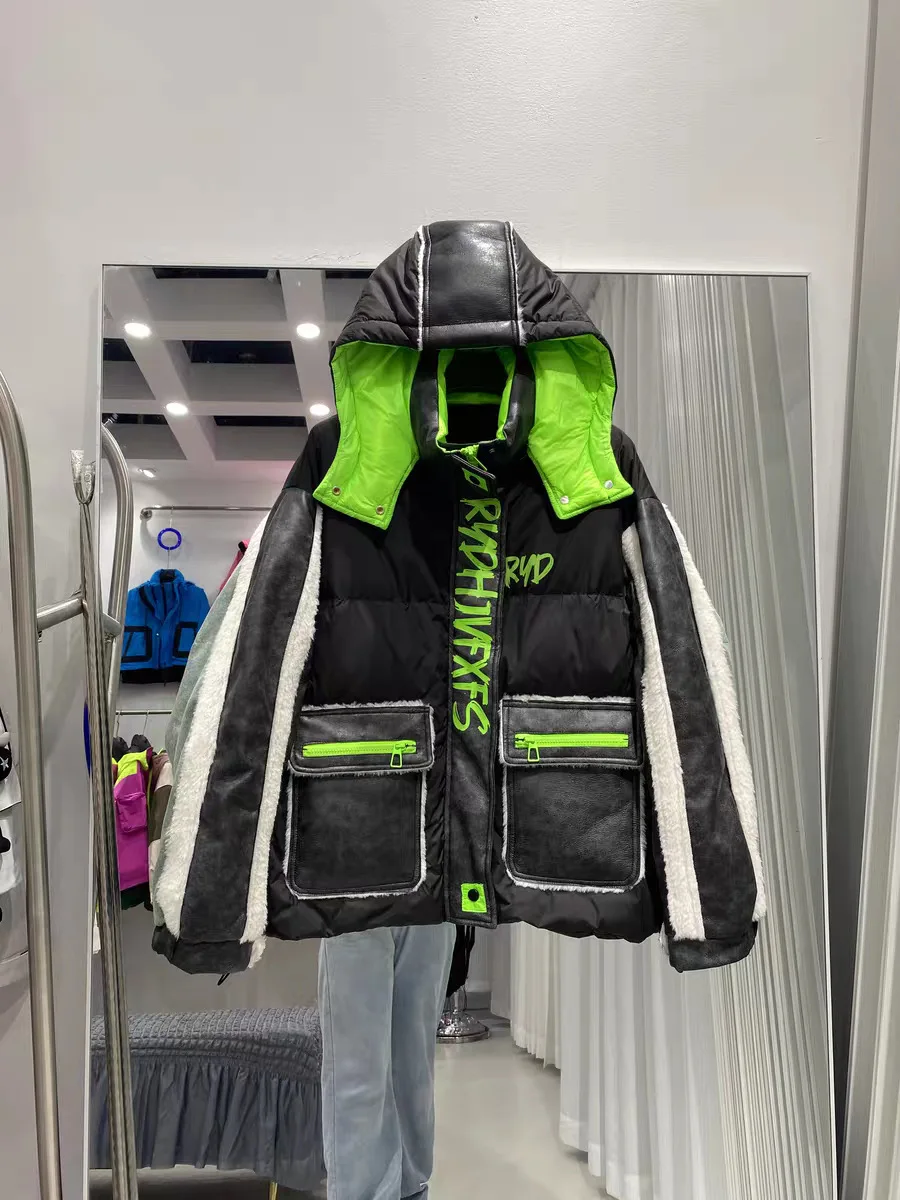 Winter Hooded Letter Removable Down Jacket Women White Duck Down Patchwork Parker Outwear Female Warm Zipper Quilted Jacket Coat