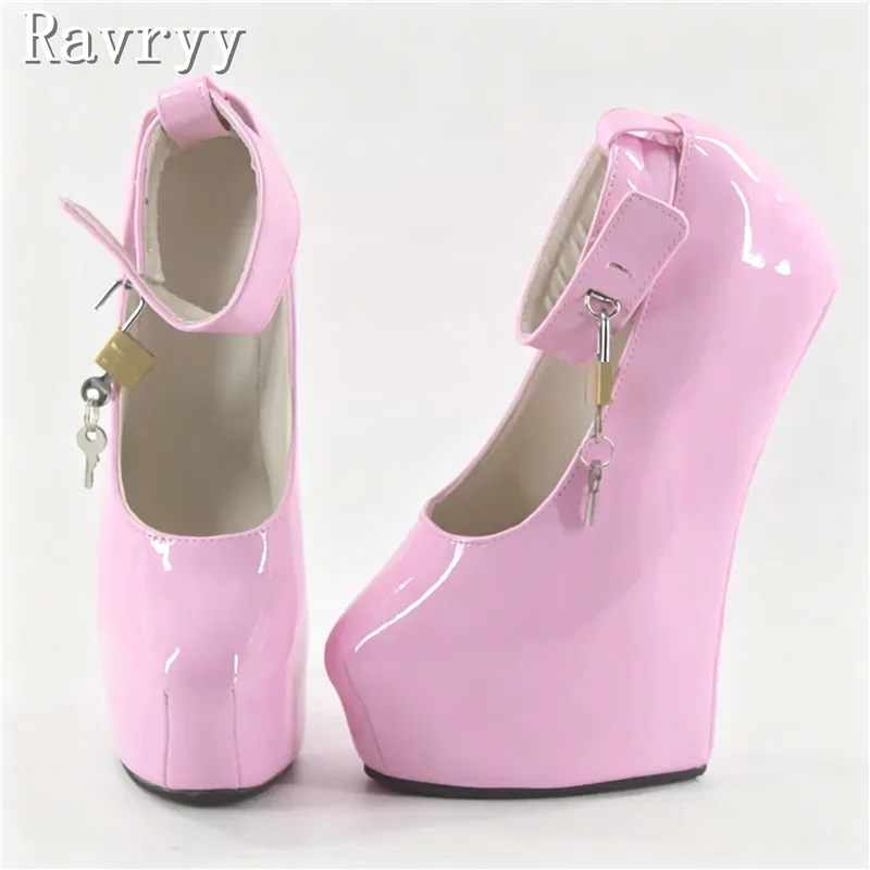 20CM Wedge Platform Heelless Shoes Women's Patent Leather Metal Lock Decor Hoof High Heels for Cosplay, Party, Stage Performance