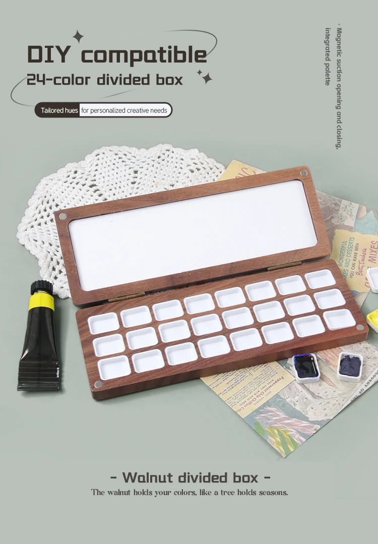 SeamiArt 24-Fächer Schwarznuss Magnetische Malbox Reiseetui für 1ml Tiegel Aquarellfarben Unterteilung – Detail 3