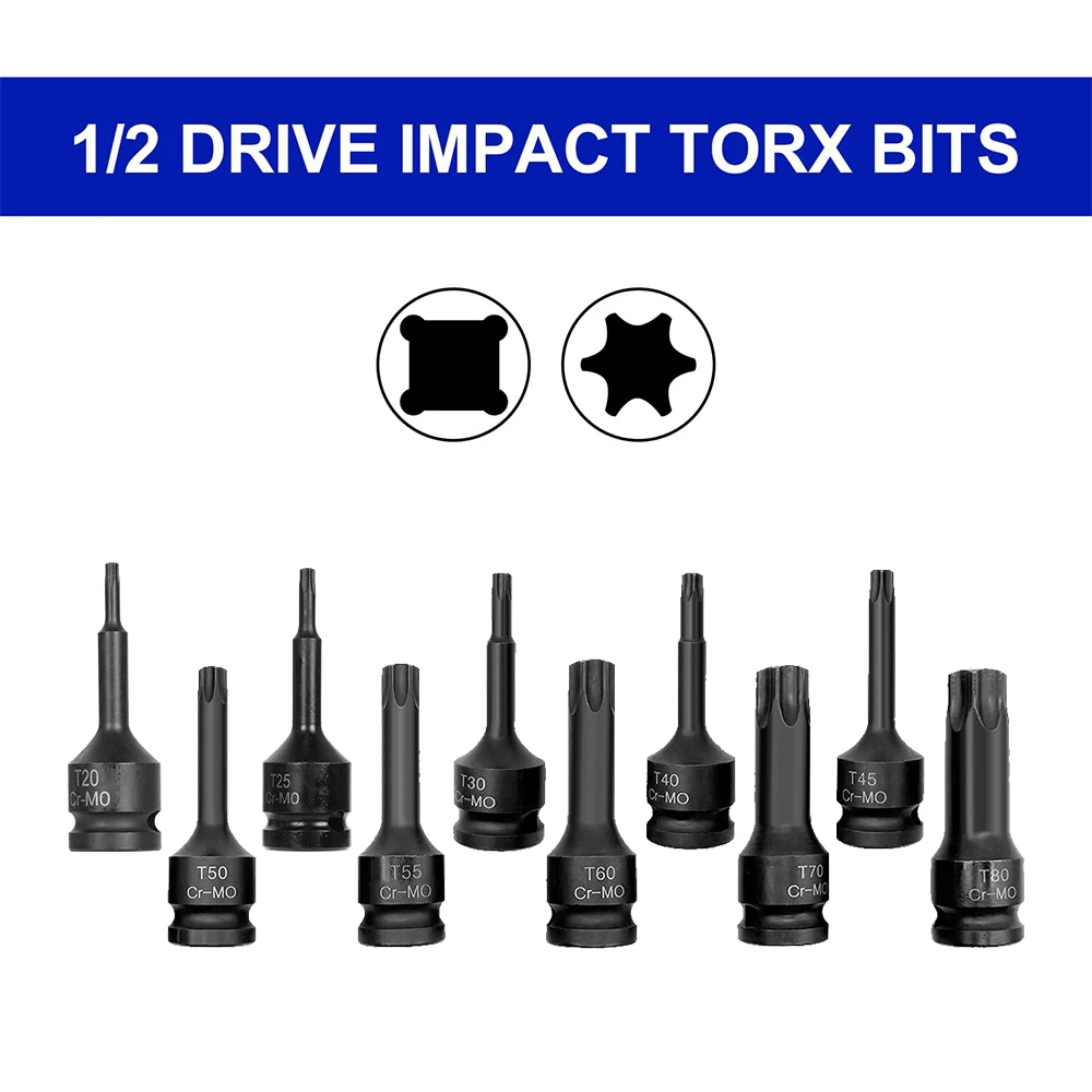 Podofo 10-teiliges Schlagschrauber-Innensechskant-Bit-Set 1/2 Zoll T20 T25 T30 T80 Schlagschraubernuss-Set für Autoreparatur in der Garage – Detail 4