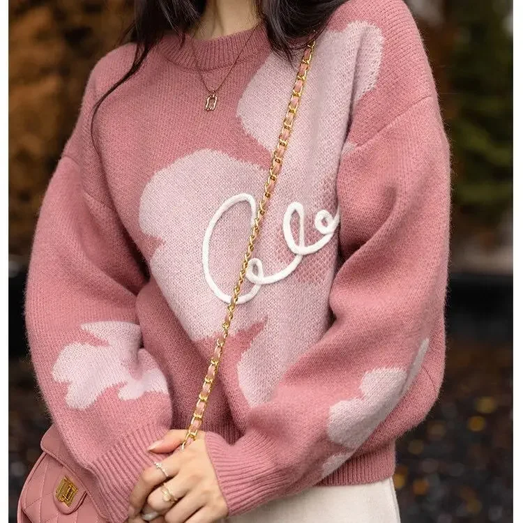 

Y2k, розовый свитер, белые джемперы с буквенным принтом, Осень-зима, длинный рукав, женский толстый черный, весна 2023, свитера, Y2k E-girl пуловеры