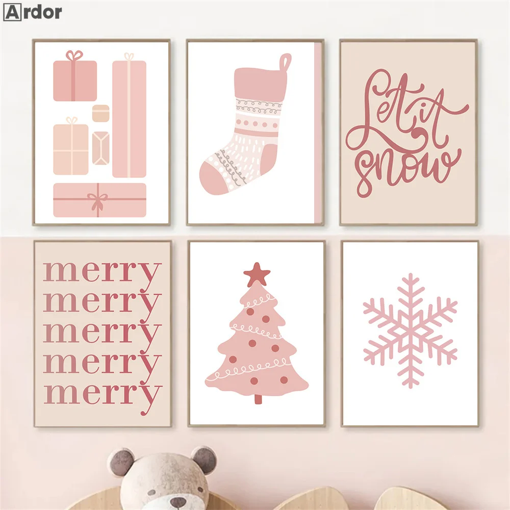Christmas Wall Art Prints Boho Holiday Decorations Pink Xmas Tree Snowflake Merry Quotes Poster Pictures Holiday Farmhouse Decor