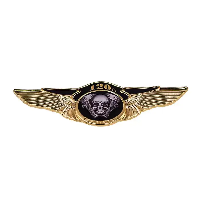 Классическая Ретро 120-летие металлический череп двойное крыло байкерская брошь значок двигатель мотоциклетный клуб для одежды шляпа воротник булавка