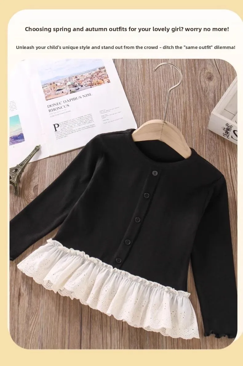 Herbst Neuheiten Mädchen T-Shirts mit Knöpfen Spitzen-Patchwork Langarm-Blusen Bequeme Oberteile für Kinder Mädchenkleidung – Detail 7