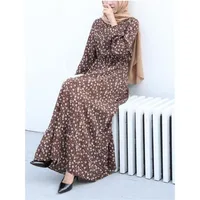 Printemps été femme solide à manches longues col rond tenue décontractée femmes bohème robe longue femme musulmane Maxi robes 1