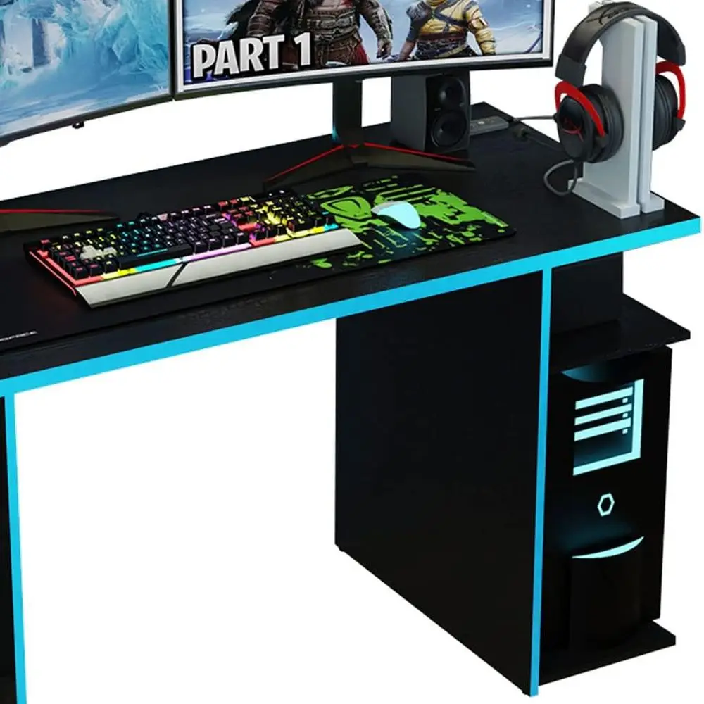 53 مكتب ألعاب مع 5 أرفف، إدارة كابلات، للدراسة والمكتب المنزلي والأطفال والكبار - أسود/أزرق