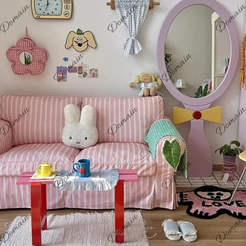 80 N Pink striped fabric sofa can be fully disassembled and washed French retro pastoral new B & B apartment