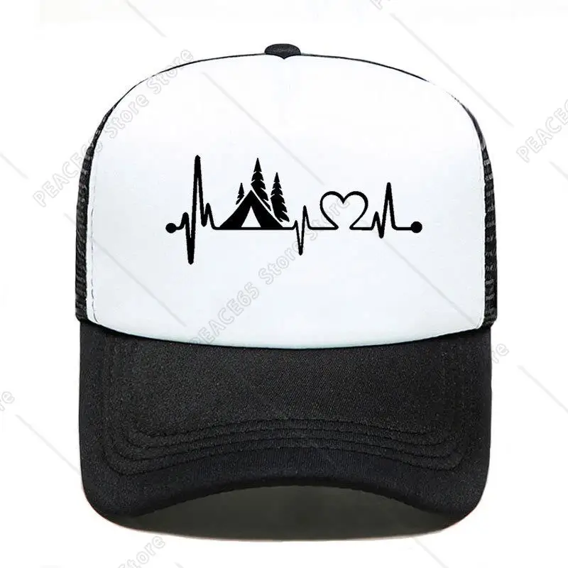 

Men Women Tent Camper Heartbeat Lifeline Monitor Printing Mesh Baseball Cap Funny Casual Hats Mesh Visor Outdoor Sun Hat