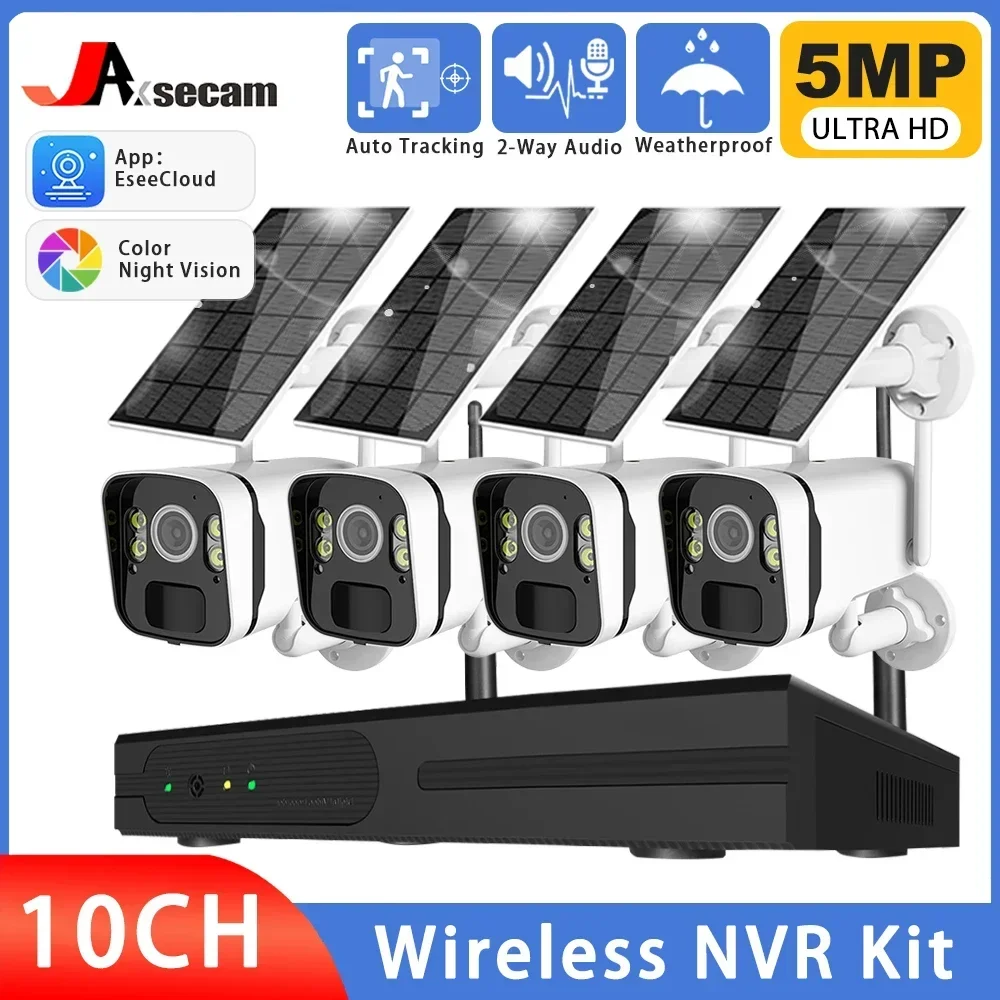 

10CH 5MP NVR Wireless Solar Panel Battery WIFI Camera WiFi NVR Video Surveillance Security System Kit With PIR Detection Monitor