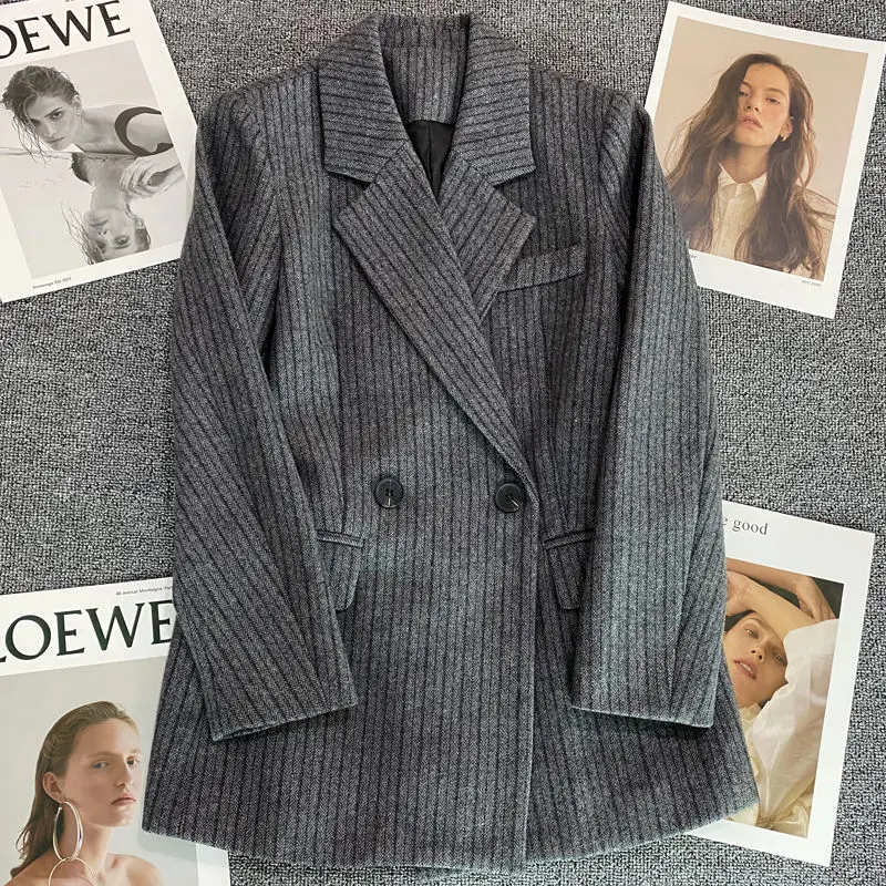 Grey Woolen Suit Jacket For Women 2022 Winter Herringbone Pattern Design Single Breasted Versatile Blazer Fashion Coat T1270