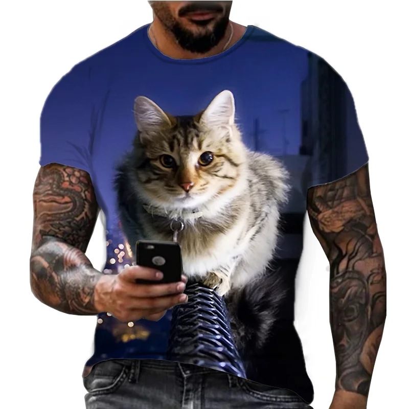 Summer New Cute Cat 3D Printed Short Sleeve American Personalized Naughty Cat Loose Leisure Fitness T-shirt