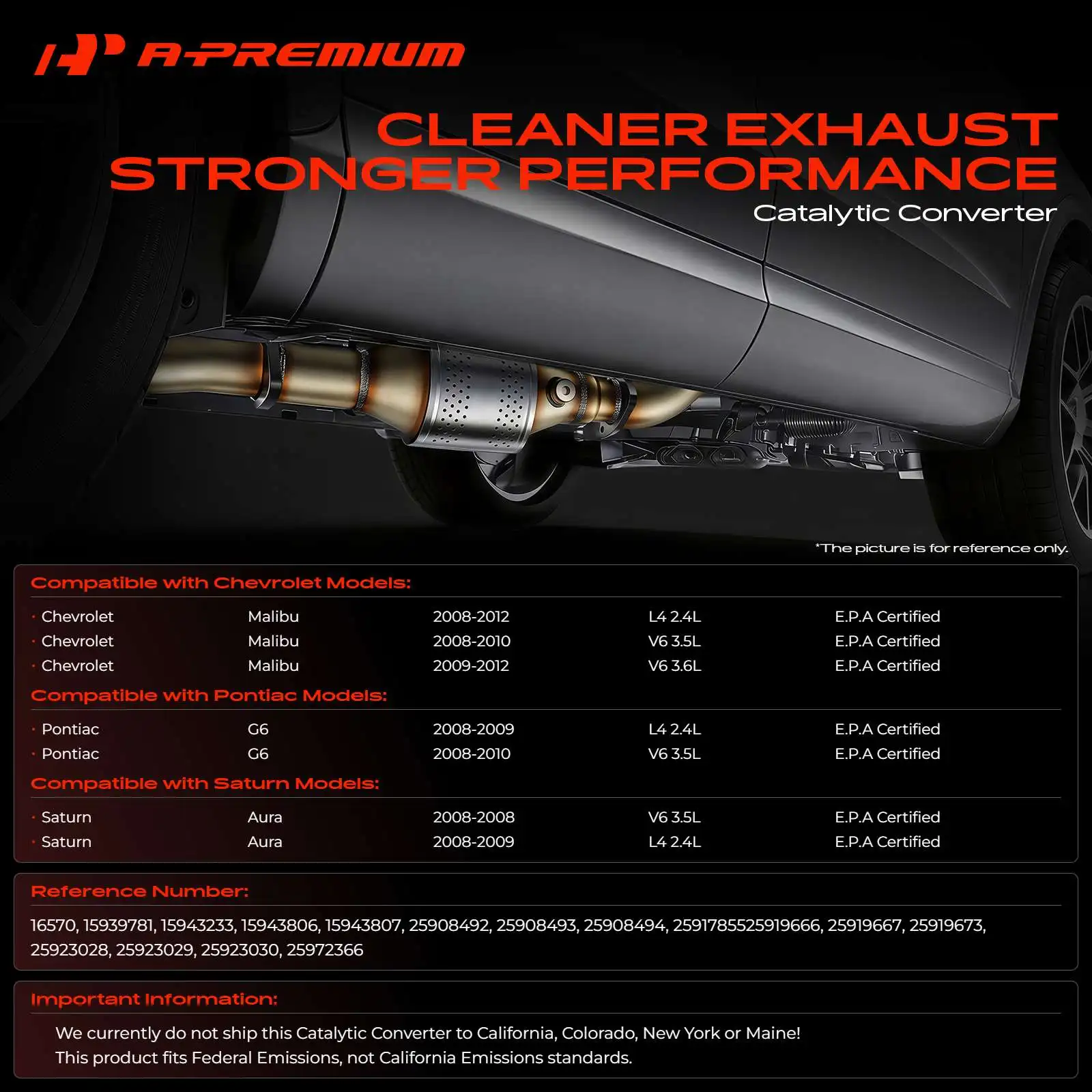 A-Premium Rear Side Catalytic Converter for Chevrolet Malibu 2008-2012 Pontiac G6 2008-2010 Saturn Aura 2008-2009