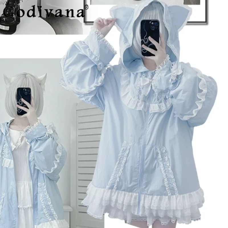 Y2K Summer Japanese Lace Thin Breathable Outdoor Sunscreen Coat Fashion Loose Versatile Age-reducing Long Sleeve Hooded Jacket