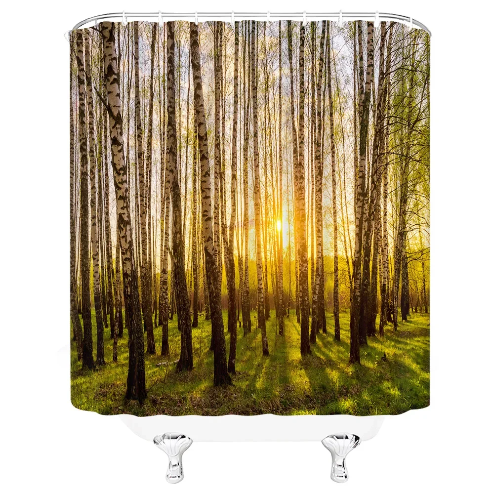 Waterfall Shower Curtain, Forest Waterfall Fall Landscape Outdoor Animal Sunset Bathtub Partition Bathroom Decorative