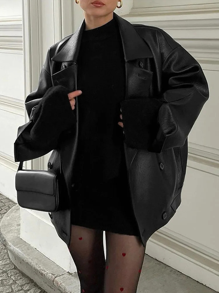 Modne, luźne kurtki skórzane w stylu vintage dla kobiet, eleganckie płaszcze z długim rękawem i kołnierzem garniturowym, nowa kolekcja skórzana na jesień i zimę 2025.
